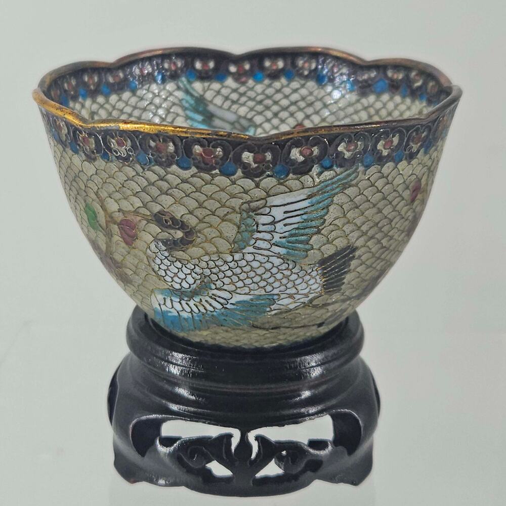 Vintage Chinese Plique A jour Cloisonne cup dish wood stand Crane Cranes floral